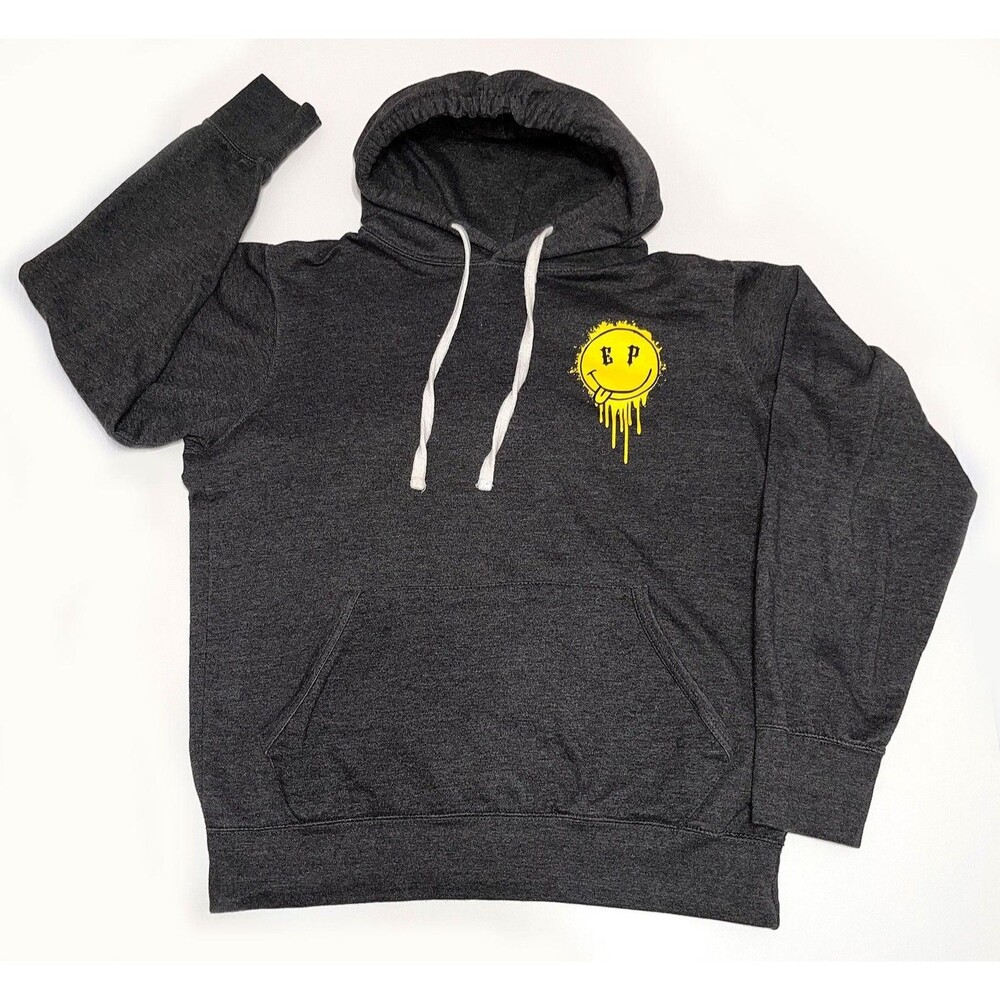 ElevenParis Hoodie Sweatshirt Mens M Gray Pullover Splatter Smiley Face Graphic